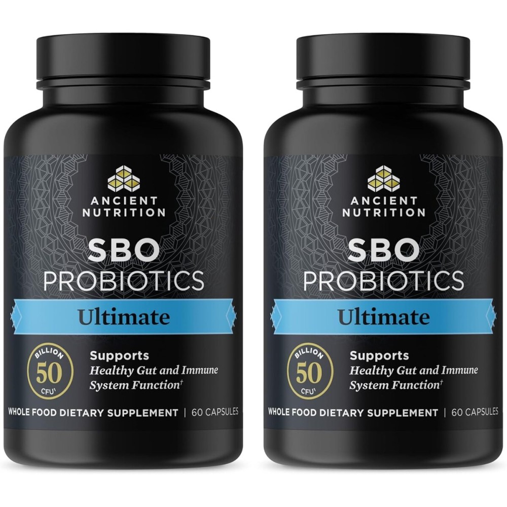 Ancient Nutrition Probiotics, SBO Probiotics Ultimate 50 Billion CFUs*/Serving, Digestive and Immune Support, Gluten Free, Ancient Superfoods Blend, Shrink-Wrapped 60 Capsules (2 Pack)