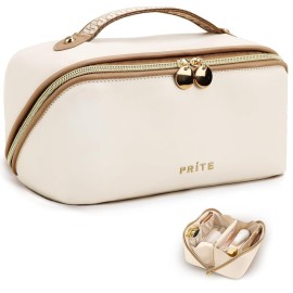 Prite Makeup Bag for Women Travel Waterproof Vegan Leather Cosmetic Bag Open Flat Toiletry Bag With Clear Divider and Handle (Beige)