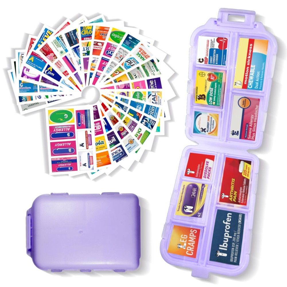 Pocket Pharmacy with Medicine Labels 146 Labels Travel Daily Pill Container Mini Medication Organizer Storage Pill Organizer Travel Essentials Pill Case 7 Day Pill Organizer (Purple, 1 Pack)