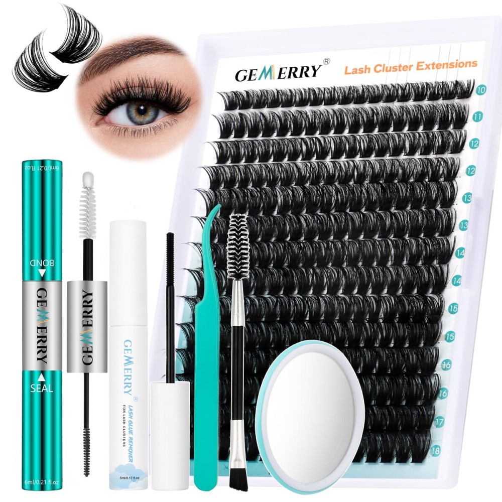 GEMERRY Fluffy Lash Extension Kit Thick Lash Clusters Kit Eyelash Clusters 280Pcs D Curl Eyelash Extension Kit With Lash Bond and Seal, Lash Remover, Lash Tweezers, DIY Lash Extension(80P-10-18mm)