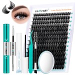 GEMERRY Fluffy Lash Extension Kit Thick Lash Clusters Kit Eyelash Clusters 280Pcs D Curl Eyelash Extension Kit With Lash Bond and Seal, Lash Remover, Lash Tweezers, DIY Lash Extension(80P-10-18mm)