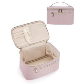 Wandering Nature Makeup Bag, Travel Make Up Organizer Cosmetic Brush Bags Case for Women in Quilted Fabric, Pink, Patent Pending