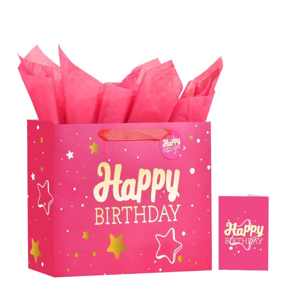 Powbrace 13 Pink Happy Birthday Gift Bag with Tissue Paper and Greeting Card for Party,Happy Birthday Gift Bag for Men Women,Gift Bags Medium size(1 PCS Pink Hot Stamping)