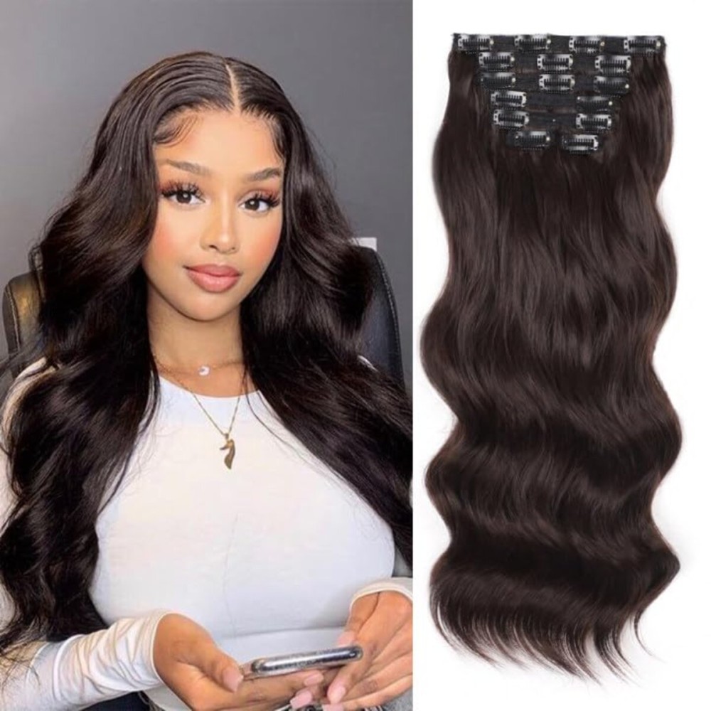 Vigorous Clip in Hair Extensions Dark Brown Long Wavy Hairpieces 20Inch Hair Extensions Clip Ins Soft Synthetic Hairpieces for Women (7Pcs)
