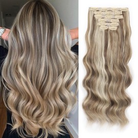 Vigorous Clip in Hair Extensions Light Blonde & Golden Blonde Long Wavy Hairpieces 20Inch Hair Extensions Clip Ins Soft Synthetic Hairpieces for Women (7Pcs)