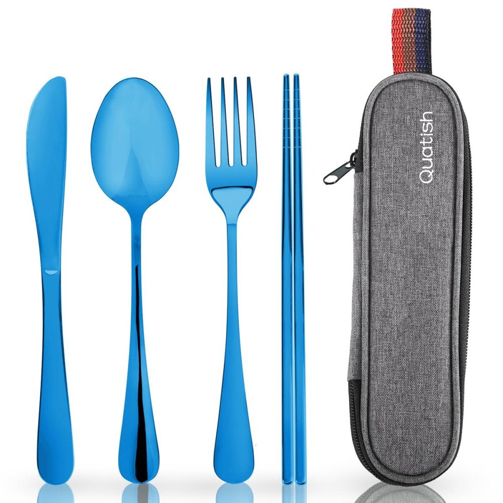 Travel Utensils with Case, Quatish Portable Silverware Set for Work, Stainless Steel Reusable Travel Cutlery Set, Fork and Spoon Set for Camping, Picnic, Gadgets, Lunch Box for Men, Blue