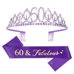 CIEHER 60th Birthday Crown and Sash - Purple 60th Decorations Women\'s 60 & Fabulous Sash
