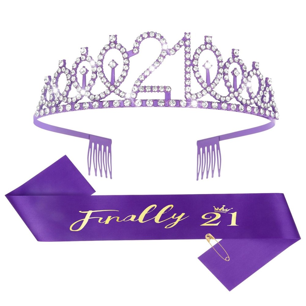 CIEHER Purple 21st Birthday Tiara and Sash, 21st Birthday Crown