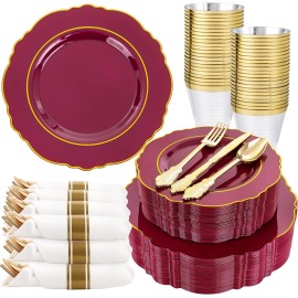 Liacere 350PCS Red Plastic Plates-Disposable Burgundy Red and Gold Plates 50guest Baroque Plastic Dinnerware include 100Plates, 50Pack Pre Rolled Napkins with Silverware 50Cups for Christmas