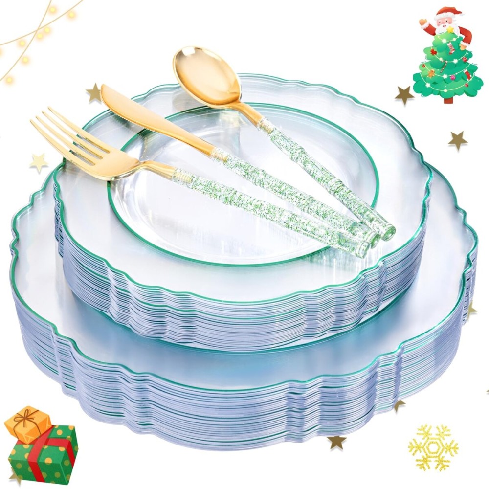 Liacere 150PCS Green Plastic Plates - Gold Plastic Silverware with Green Handle - Heavy Duty Fancy Plastic Plates Disposable Include 30 Guests Plates, Forks, Spoons, Knives for weddingChristmas
