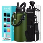 32 oz Water Bottles Insulated with Straw & Chug Lid, Paracord Handle, Strap Carry Bag, Triple Wall Stainless Steel Wide Mouth Thermal Flask for Men Women Gym Outdoor Fitness Sports Hiking, Army Green