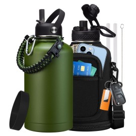 Stainless Steel Water Bottles 64oz - Insulated Half Gallon Water Jug with Straw & Chug Lid, Metal Tactical Canteen for Gym Sports Workout Hiking with Paracord Handle, Strap Carry Sleeve, Army Green