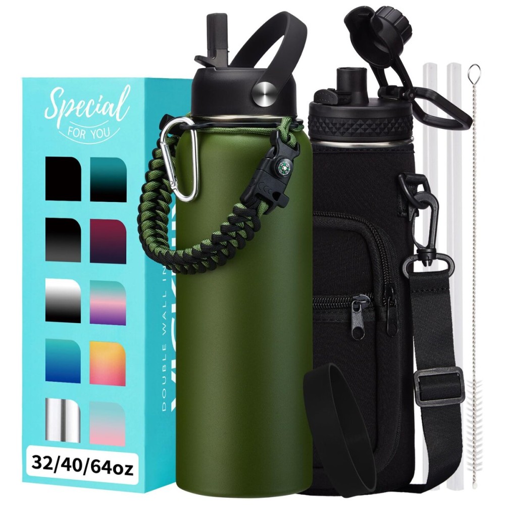 Stainless Steel Sports Water Bottle - 32/40/64 Oz Insulated Water Jug with Straw & Auto Spout Lid, Paracord Handle, Bottle Sleeve, Cold 48H Hot 24H, Sweat-Proof Tactical Flask for Hiking, Army Green