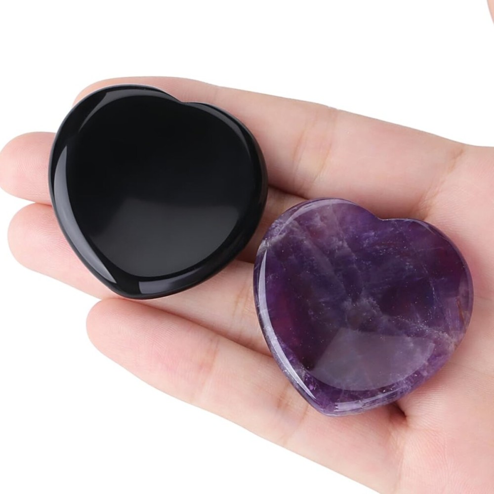 YATOJUZI Thumb Worry Stone for Anxiety Healing Crystals Sets Amethyst Black Obsidian Heart Gemstone Pocket Stones 2PCS Hand Carved Natural Crystal Stones Reiki Palm Stone for Meditation Therapy