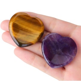 YATOJUZI Thumb Worry Stone for Anxiety Healing Crystals Sets Amethyst Tiger\'s Eye Heart Gemstone Pocket Stones 2PCS Hand Carved Natural Crystal Stones Reiki Palm Stone for Meditation Therapy