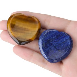 YATOJUZI Thumb Worry Stone for Anxiety Healing Crystals Sets Heart Gemstone Pocket Stones 2PCS Tiger\'s Eye Lapis Lazuli Hand Carved Natural Crystal Stones Reiki Palm Stone for Meditation Therapy