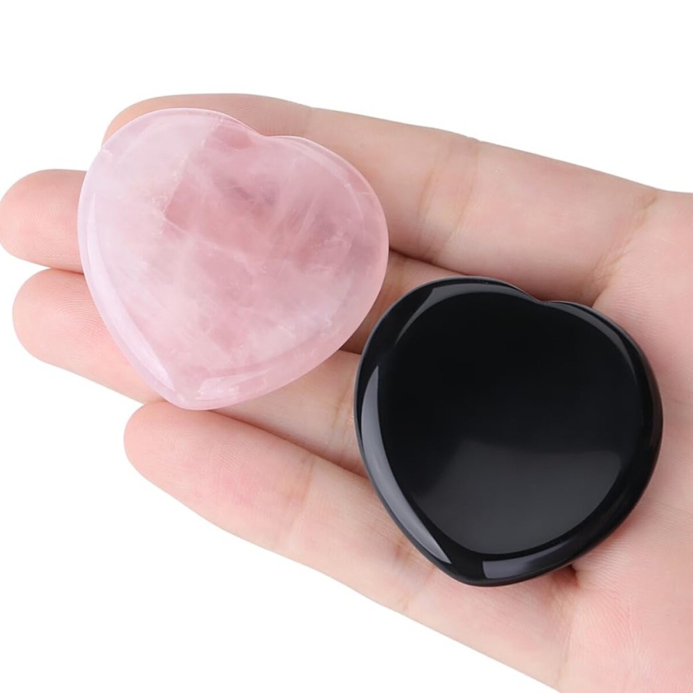YATOJUZI Thumb Worry Stone for Anxiety Healing Crystals Sets Rose Quartz Black Obsidian Heart Gemstone Pocket Stones 2PCS Hand Carved Natural Crystal Stones Reiki Palm Stone for Meditation Therapy