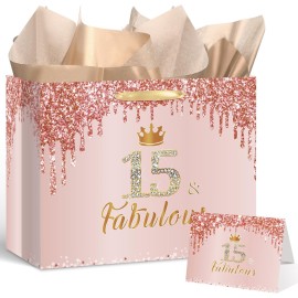 Yoirrat Rose Gold 15th Birthday Gift Bag for Girls 15 & Fabulous Large Pink Happy 15th Birthday Gift Bag with Wrapping Paper and Card for 15 Years Old Quinceanera Bday Decorations Party Supplies