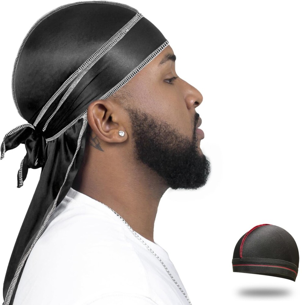 ForceWave Silky Durag for Men Wave Cap Satin Dorag for Men Women 360 Wave (Black with White Seam)