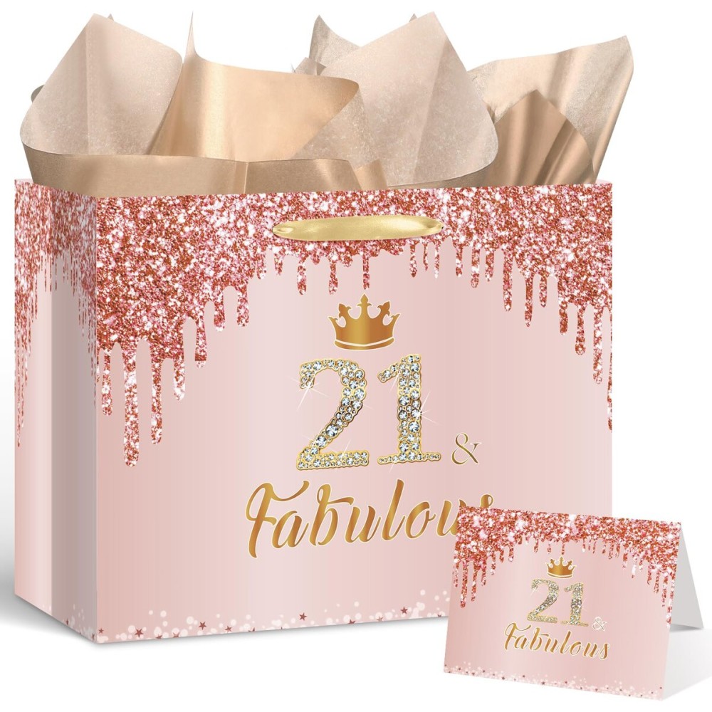 Yoirrat Rose Gold 21 & Fabulous 21st Birthday Gift Bag for Her Large Pink Happy 21st Birthday Gift Bag with Wrapping Paper and Card for Women 21st Bday Decorations Party Supplies