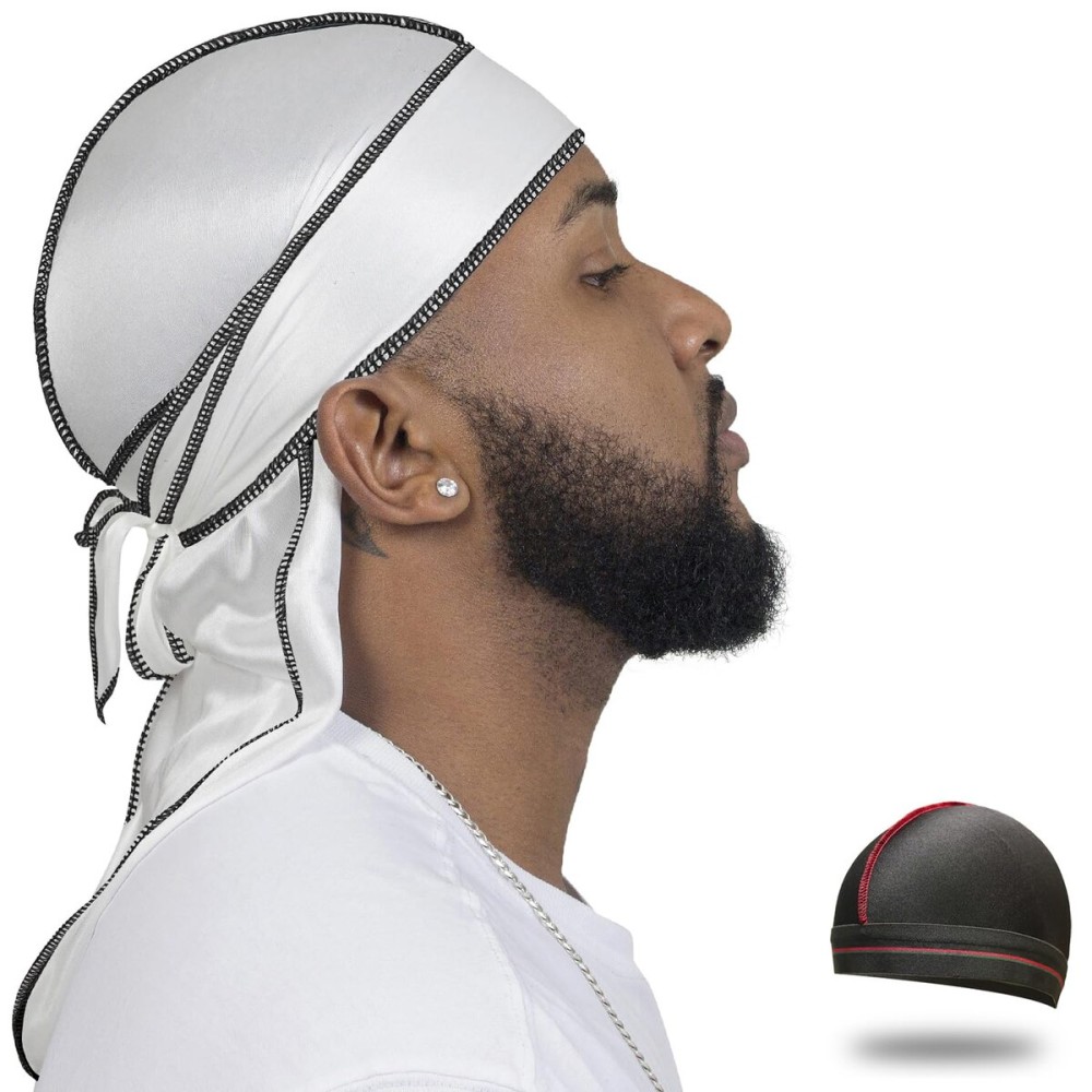 ForceWave Silky Durag for Men Wave Cap Satin Dorag for Men Women 360 Wave (White with Black Seam)