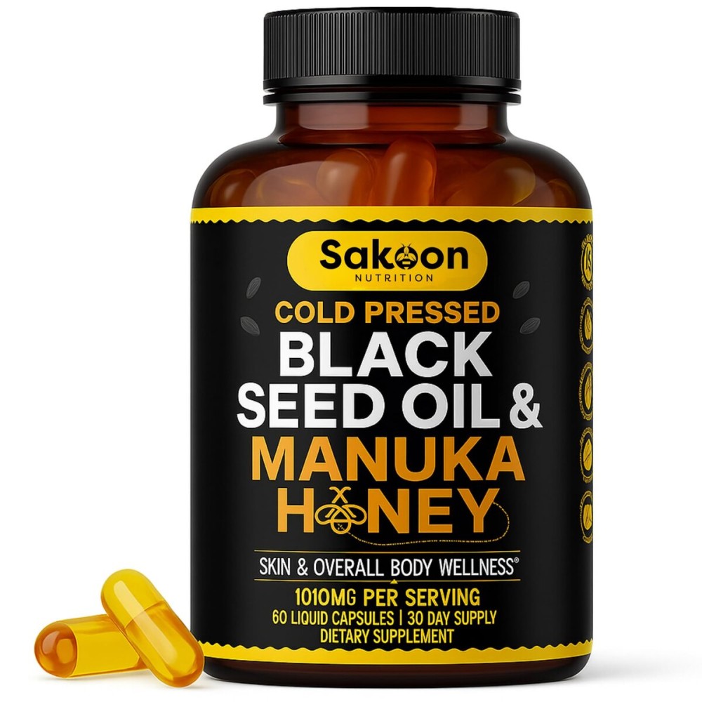Black Seed Oil Capsules - With New Zealand Manuka Honey, Cold Pressed Turkish Nigella Sativa Oil, 2% Thymoquinone, Immune & Digestive Support, Made in USA, 60 Count, 1010mg per serving