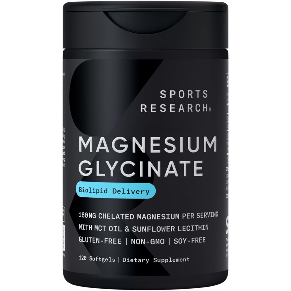 Sports Research Magnesium Glycinate - Suports Restful Sleep & Enzymatic Processes - 160 mg Chelated Magnesium - Liquid Softgel - 120 Count