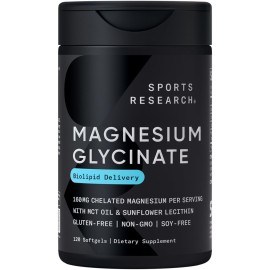 Sports Research Magnesium Glycinate - Suports Restful Sleep & Enzymatic Processes - 160 mg Chelated Magnesium - Liquid Softgel - 120 Count