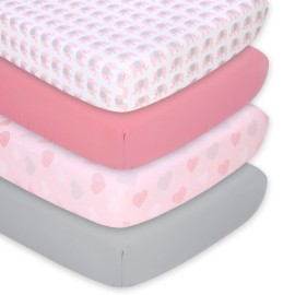 The Peanutshell Baby Crib Sheets 4-Pack for Girl - Soft, Oval & Fitted Baby Girls Crib Sheet, Rectangle, Fitted Covers, Halo Mattress - Pink Elephant