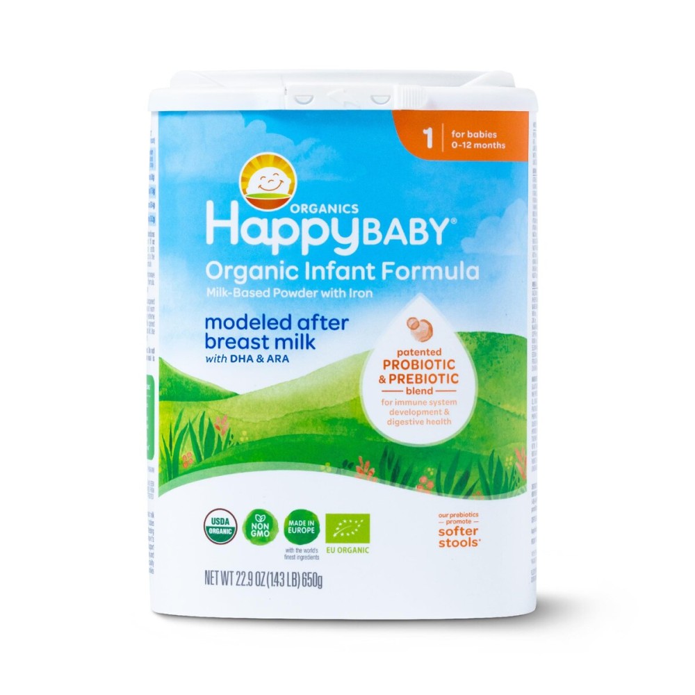 Happy Baby Organics Stage 1 Infant Formula, 0-12 Months, Milk Based Organic Baby Formula Powder with Iron, Probiotics & Prebiotics for Immune & Digestive Support, 22.9 Ounce (Pack of 1)