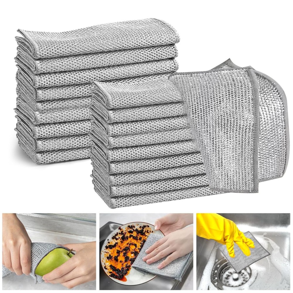XANGNIER 20 Pcs Multipurpose Wire Dishwashing Rags for Wet and Dry,2024 New Multifunctional Non-Scratch Wire Dishcloth,Wire Cleaning Cloth,Non Scratching Metal Wire Rag for Kitchen,Counter,Dishes,Sink