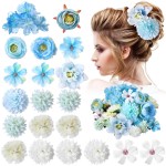 BBTO 21 Pcs Flower Hair Clip Rose Hair Clips Barrettes for Women Flower Accessories Boho Bride Claw Clip Hairpin Brooch Pin Headpiece for Wedding(White, Blue)