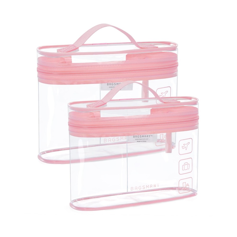 BAGSMART TSA Approved Toiletry Bag, 2 Pack Clear Makeup Cosmetic Bag Organizer, Quart Size Travel Bag for Toiletries, Carry-on Travel Accessories Essentials, Pink-2pcs