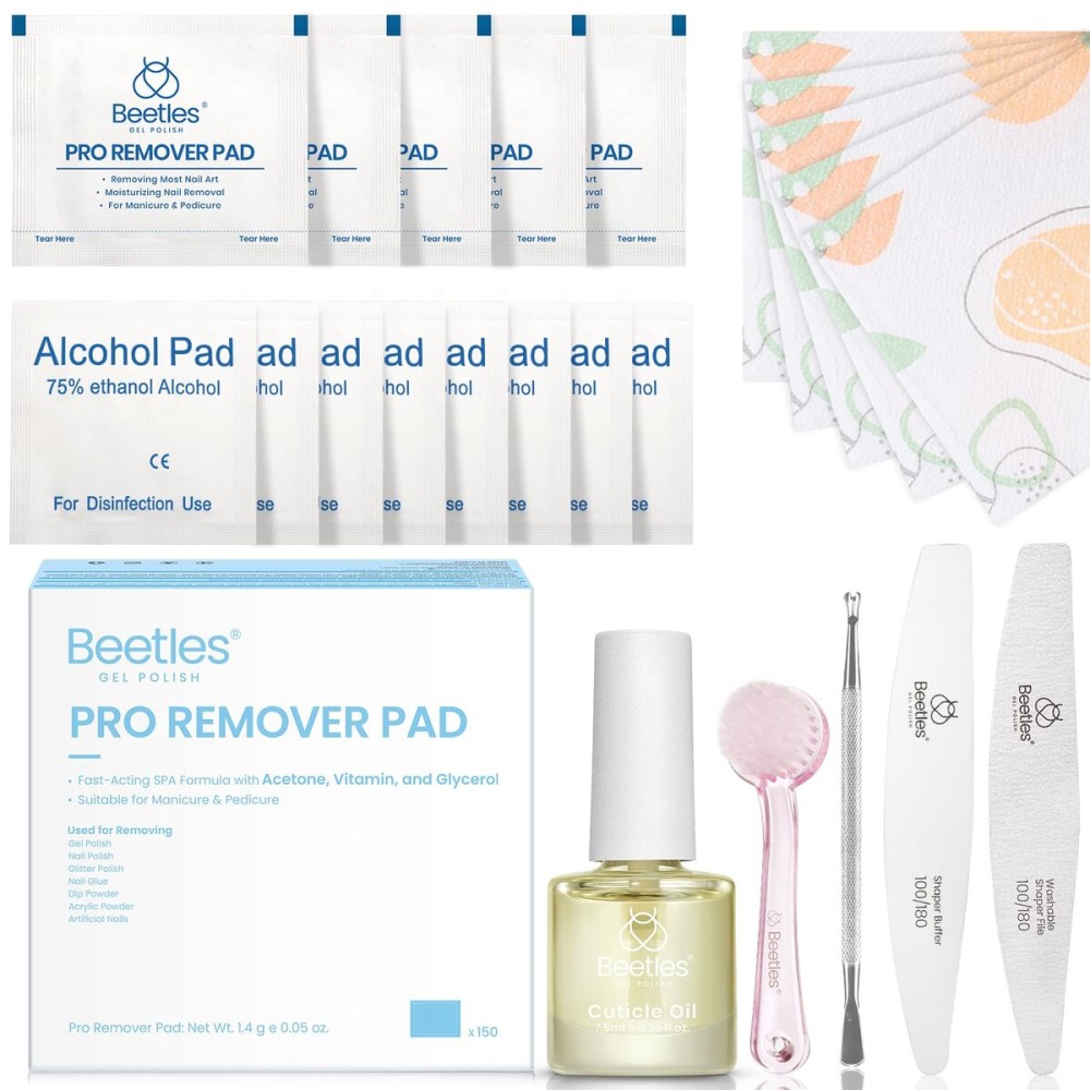Beetles Gel Nail Polish Remover Kit - 150PCS Pro Remover Pads, Acetone & Vitamin Formula, Cuticle Oil, Alcohol Wipes and Nail Tools for Manicure Gel Polish Remover Portable Set