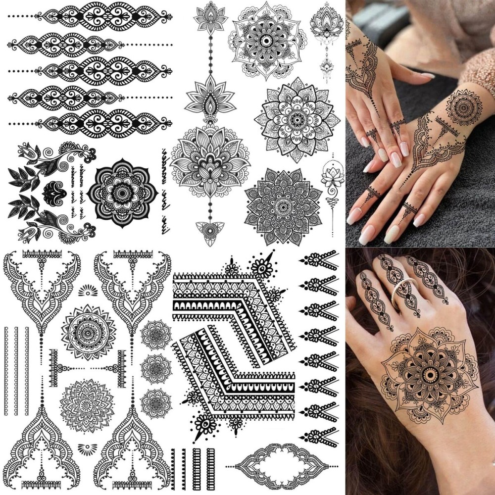 4 Sheets Vintage India Sexy Lace Black Mandala Flower Temporary Tattoos For Women Hand Finger Girls Adults Sets Kits, Wedding Bridal Fake Jewels Tattoo Sticker Lotus Stencils, Party Favor Supplies