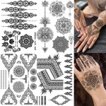 4 Sheets Vintage India Sexy Lace Black Mandala Flower Temporary Tattoos For Women Hand Finger Girls Adults Sets Kits, Wedding Bridal Fake Jewels Tattoo Sticker Lotus Stencils, Party Favor Supplies