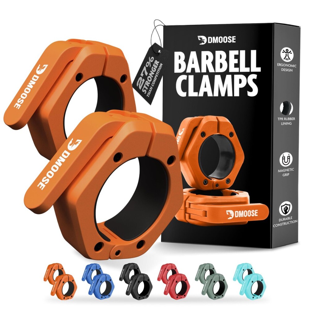 DMoose Barbell Clips (Pair) - Quick Release Olympic Barbell Clamps with Anti Slip TPR Grip - 2 Barbell Collars for Secure Weightlifting & Powerlifting (Orange - Non Magnetic)