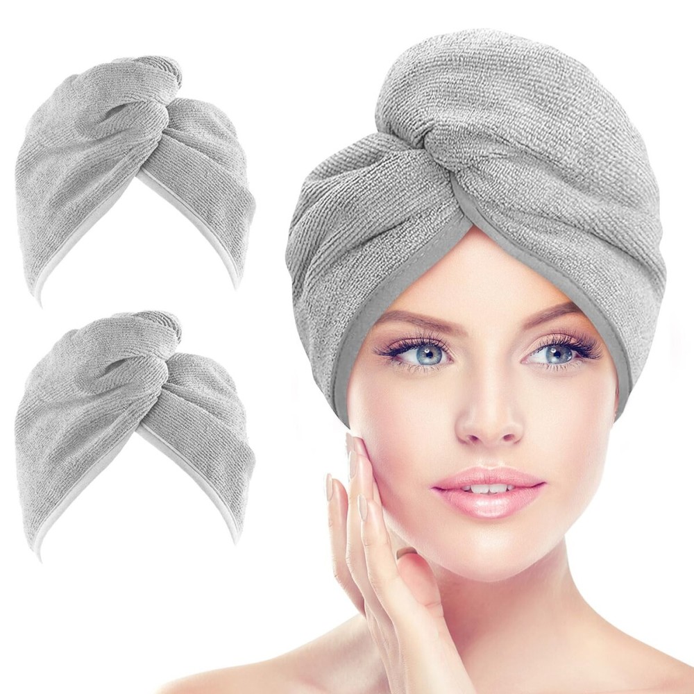 AIDEA Microfiber Hair Towel Wrap, 2 Pack Hair Turbans, Super Absorbent Quick Dry Hair Towel Wrap for All Hair Types Anti Frizz, 2610, Grey