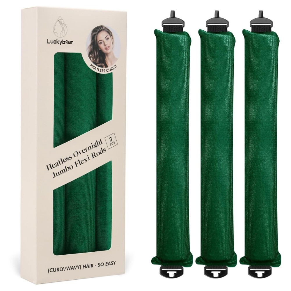 Heatless Hair Curler Rods for Overnight Satin Flexi Curls, Jumbo No-Heat Sleeping Styling Tools for All Hair Types - 3pcs Green