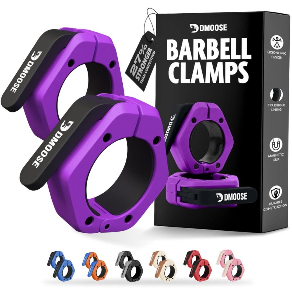 DMoose Barbell Clips (Pair) - Quick Release Olympic Barbell Clamps with Anti Slip TPR Grip, 2 Barbell Collars for Secure Weightlifting & Powerlifting (Purple & Black - Magnetic)