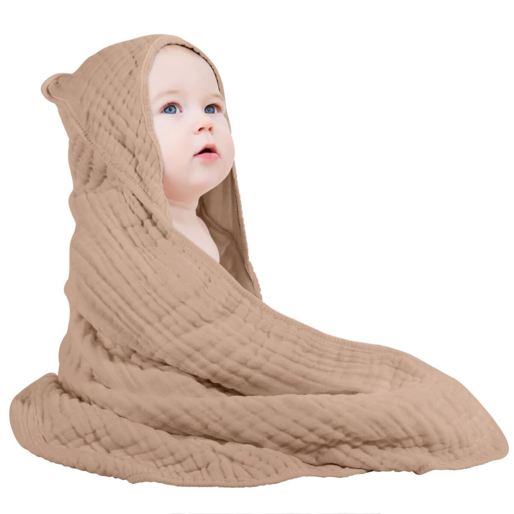 Yoofoss Hooded Baby Towels for Newborn 100% Muslin Cotton Baby Bath Towel with Hood for Babies, Infant, Toddler and Kids, Large 32x32Inch, Soft and Absorbent Newborn Essential,Coffee