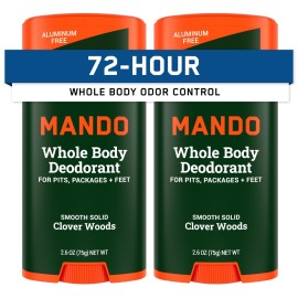 Mando Whole Body Deodorant For Men - Smooth Solid Stick - 72 Hour Odor Control - Aluminum Free, Baking Soda Free, Skin Safe - 2.6 Ounce (Pack of 2) - Clover Woods