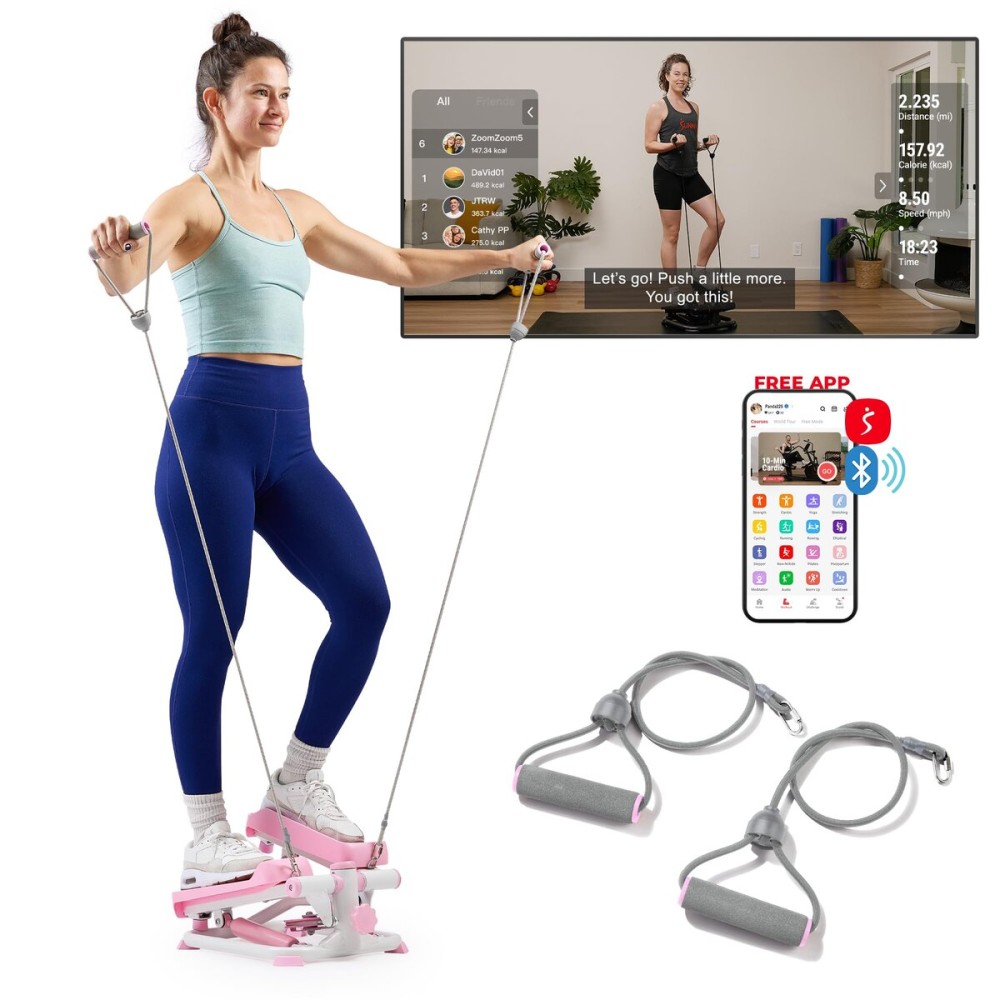 Sunny Health & Fitness Total Body 2-in-1 Stepper Machine, Total Body Workout, Adjustable Hydraulic, Resistance Bands, Non-Slip Pedals w Optional Free SunnyFit App Enhanced Bluetooth Connectivity