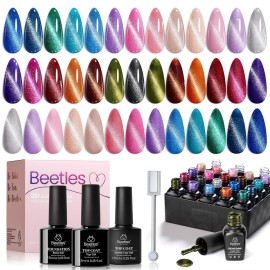 Beetles Cat Eye Gel Nail Polish Set - 20 Colors Christmas Glitter Red Green Blue Brown Black Cat Eye Magnetic Base Matte Glossy Top Coat Galaxy Gemlight Soak Off UV Manicure Salon Gift for Women