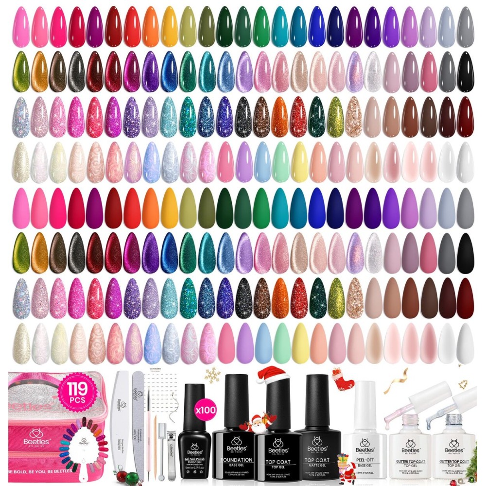 Beetles Nail Nook Gel Nail Polish Set - 119 PCS 100 Colors Gel Polish Kit Base Glossy Matte Glitter Top Coat Glitter Pearl Cat Eye White Red Pink Nude Uv Led Nails Gift for Women
