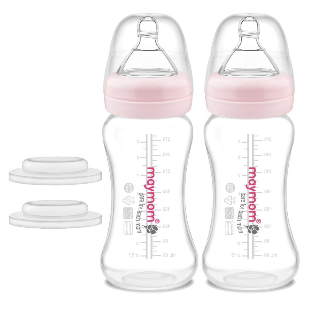 Maymom Wide-Mouth Milk Collection Storage and Feeding Bottle with Nipple, Pink Dome Cap, Bottle Top, SureSeal Sealing Disk; Compatible with Spectra Pump/Motif Luna; 2 pc (9Oz/280mL)