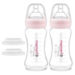 Maymom Wide-Mouth Milk Collection Storage and Feeding Bottle with Nipple, Pink Dome Cap, Bottle Top, SureSeal Sealing Disk; Compatible with Spectra Pump/Motif Luna; 2 pc (9Oz/280mL)