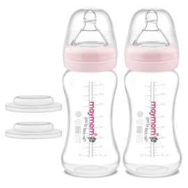 Maymom Wide-Mouth Milk Collection Storage and Feeding Bottle with Nipple, Pink Dome Cap, Bottle Top, SureSeal Sealing Disk; Compatible with Spectra Pump/Motif Luna; 2 pc (9Oz/280mL)