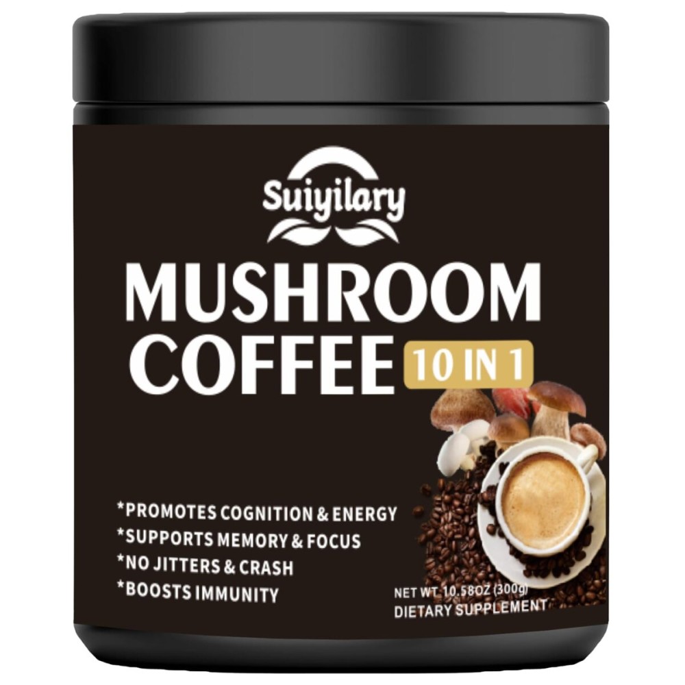 Suiyilary Mushroom Coffee, 10 Mushroom Extract Powder Blend Lion\'s Mane, Reishi, Chaga, Cordyceps, Turkey Tail, Brain Supplements with Instant Coffee for Energy, Focus, Memory and Immunity 300g