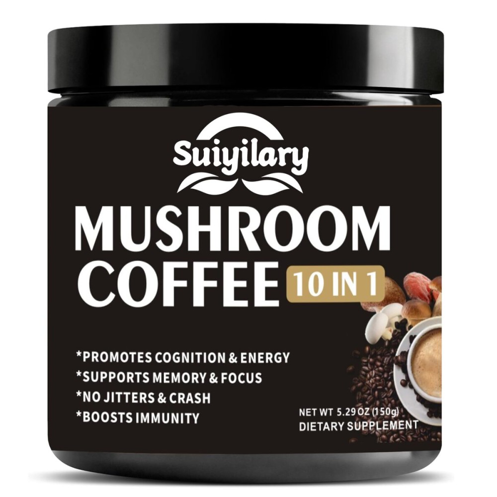 Suiyilary Mushroom Coffee, 10 Mushroom Extract Powder Blend Lion\'s Mane, Reishi, Chaga, Cordyceps, Turkey Tail, Brain Supplements with Instant Coffee for Energy, Focus, Memory and Immunity 150g